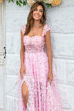 Pink A-line Long Wedding Party Dress with 3D Flowers