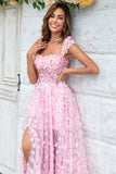 Pink A-line Long Wedding Party Dress with 3D Flowers