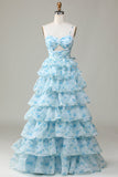 Gorgeous A Line Spaghetti Straps Cut Out Tiered Blue Bridesmaid Dress