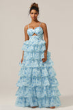 A Line Gorgeous Spaghetti Straps Cut Out Tiered Blue Bridesmaid Dress