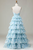 A Line Gorgeous Spaghetti Straps Cut Out Tiered Blue Bridesmaid Dress