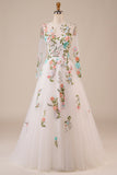 Gorgeous A Line Tulle Long Sleeves Long Ivory Wedding Dress with Embroidery