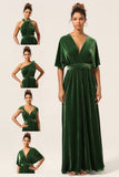 Dark Green Covertible Wear Velvet Long Bridesmaid Dress