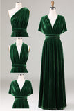 Elegant A Line V Neck Dark Green Covertible Wear Velvet Long Bridesmaid Dress