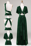 Elegant A Line V Neck Dark Green Covertible Wear Velvet Long Bridesmaid Dress