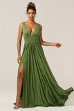 Olive Deep V-neck Sleeveless Long Bridesmaid Dress