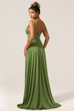 Olive Deep V-neck Sleeveless Long Bridesmaid Dress