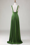 Elegant A Line Olive Deep V-neck Sleeveless Long Bridesmaid Dress