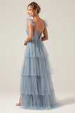 Navy Detachable Straps A Line Tiered Bridesmaid Dress with Slit