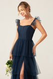 Dusty Blue Detachable Straps A Line Tiered Bridesmaid Dress with Slit