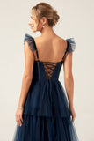Navy Detachable Straps A Line Tiered Bridesmaid Dress with Slit