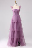 Purple Detachable Straps A Line Tiered Bridesmaid Dress with Slit