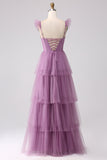 Purple Detachable Straps A Line Tiered Bridesmaid Dress with Slit