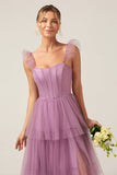 Purple Detachable Straps A Line Tiered Bridesmaid Dress with Slit
