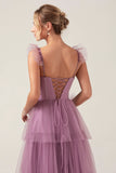 Purple Detachable Straps A Line Tiered Bridesmaid Dress with Slit