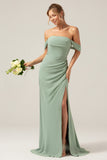 Dusty Sage Off the Shoulder Sheath Chiffon Pleated Long Bridesmaid Dress