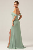 Dusty Sage Off the Shoulder Sheath Chiffon Pleated Long Bridesmaid Dress