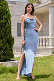 Dusty Blue Cowl Neck Sheath Satin Bridesmaid Dress with Slit