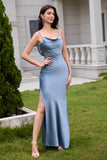 Dusty Blue Cowl Neck Sheath Satin Bridesmaid Dress with Slit