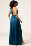 Peacock A-Line Halter Neck Long Bridesmaid Dress with Slit