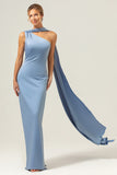 Dusty Blue Sheath One Shoulder Satin Watteau Train Bridesmaid Dress