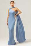 Dusty Blue Sheath One Shoulder Satin Watteau Train Bridesmaid Dress