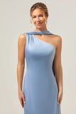 Dusty Blue Sheath One Shoulder Satin Watteau Train Bridesmaid Dress