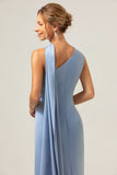 Dusty Blue Sheath One Shoulder Satin Watteau Train Bridesmaid Dress