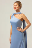 Dusty Blue Sheath One Shoulder Satin Watteau Train Bridesmaid Dress