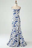 Blue Flower Mermaid Floral Print Backless Long Bridesmaid Dress With Slit