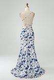 Blue Flower Mermaid Floral Print Backless Long Bridesmaid Dress With Slit