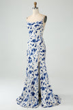 Blue Flower Mermaid Floral Print Backless Long Bridesmaid Dress With Slit