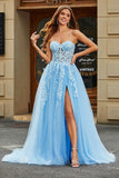 Sky Blue A Line Spaghetti Straps Tulle Long Corset Prom Dress With Appliques