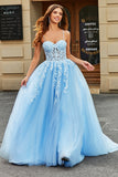 Sky Blue A Line Spaghetti Straps Tulle Long Corset Prom Dress With Appliques