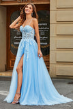 Sky Blue A Line Spaghetti Straps Tulle Long Corset Prom Dress With Appliques