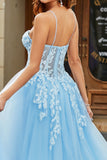 Sky Blue A Line Spaghetti Straps Tulle Long Corset Prom Dress With Appliques