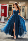 Navy Ball-Gown V-Neck Long Beaded Tulle Prom Dresses With Pleated