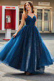 Navy A Line V-Neck Beaded Tulle Long Prom Dresses With Pleated