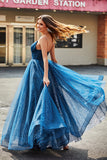 Navy A Line V-Neck Beaded Tulle Long Prom Dresses With Pleated