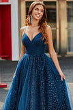 Navy A Line V-Neck Beaded Tulle Long Prom Dresses With Pleated