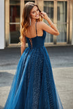 Navy Ball-Gown V-Neck Long Beaded Tulle Prom Dresses With Pleated