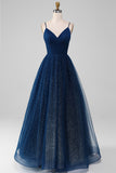 Navy A Line V-Neck Beaded Tulle Long Prom Dresses With Pleated