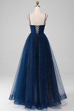 Navy A Line V-Neck Beaded Tulle Long Prom Dresses With Pleated