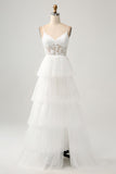 Ivory A-Line Tulle Tiered Corset Long Wedding Dress with Slit