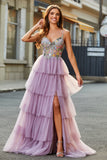 Mauve A Line Appliqued Tulle Long Corset Tiered Prom Dress With Slit