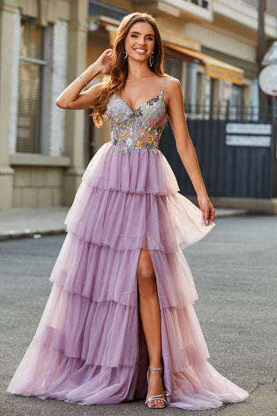 Leely Women Mauve Long Corset Tiered Prom Dress With Slit A Line Appliqued Tulle Formal Dress leelyuk