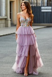 Mauve A Line Appliqued Tulle Long Corset Tiered Prom Dress With Slit