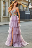 Mauve A Line Appliqued Tulle Long Corset Tiered Prom Dress With Slit