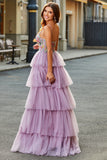 Mauve A Line Appliqued Tulle Long Corset Tiered Prom Dress With Slit