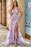 Mauve Mermaid Off the Shoulder Appliqued Long Corset Prom Dress With Slit